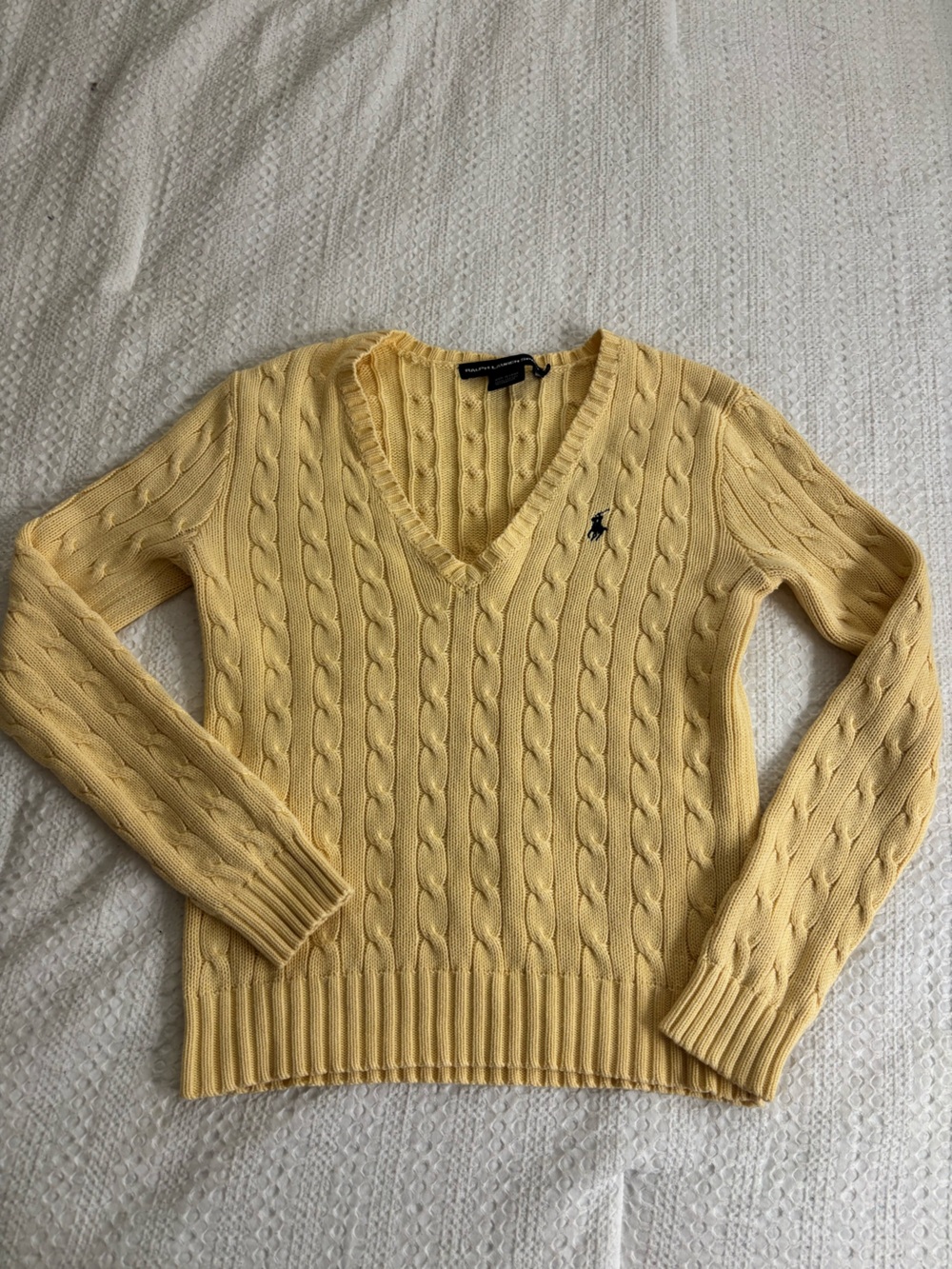Ralph Lauren Pale Yellow Cable-Knit V-Neck Sweater